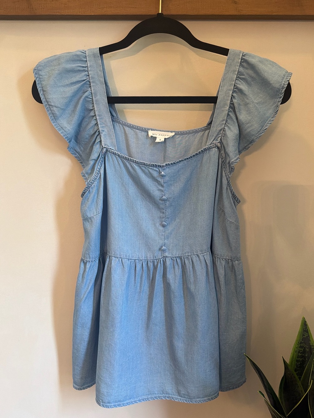 Blu Pepper Light Blue Chambray Ruffle Tank Top